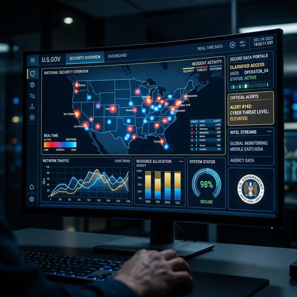 Government software analytics dashboard glowing in dark mode